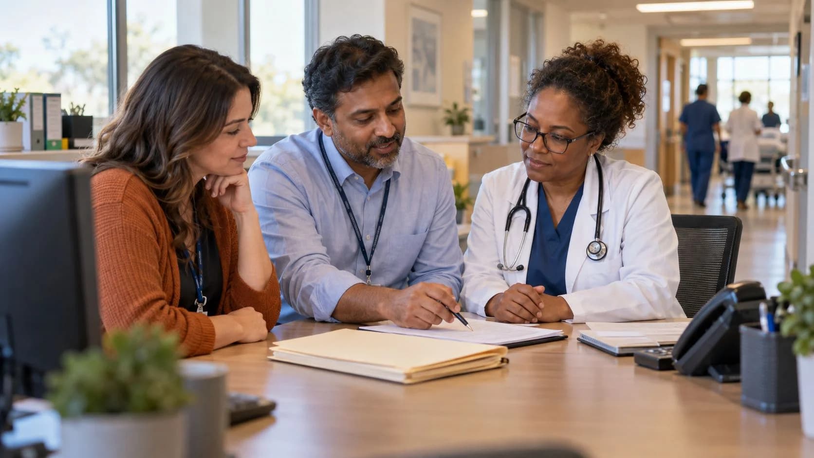 Denial-resolution specialist and clinician reviewing a claim together