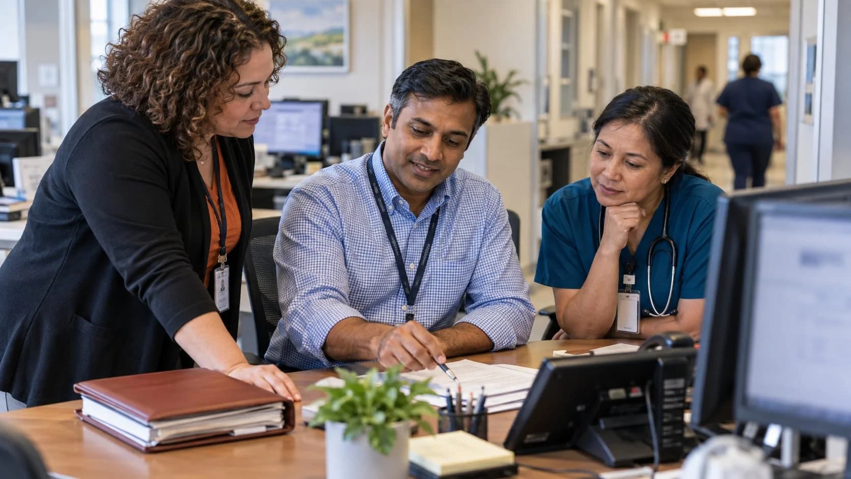 Denial-resolution specialist and clinician reviewing a claim together