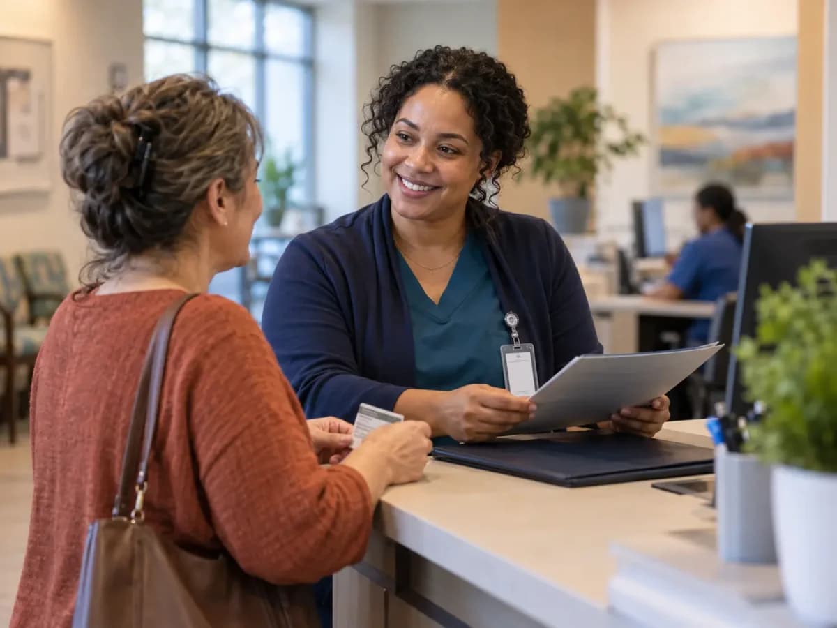 Patient-access coordinator helping a patient at a clinic desk