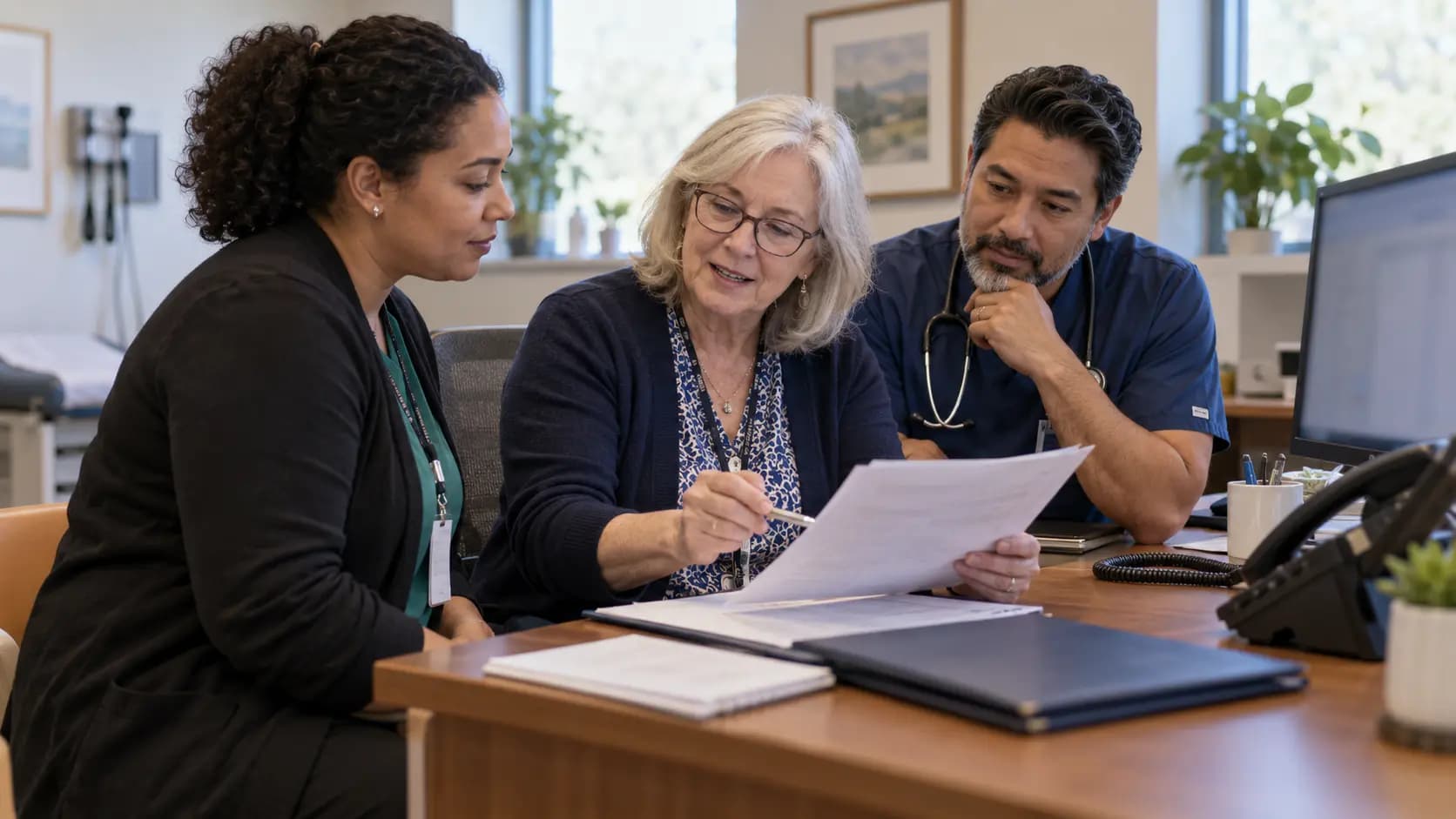 Practice manager and clinician reviewing payer requirements with a specialist