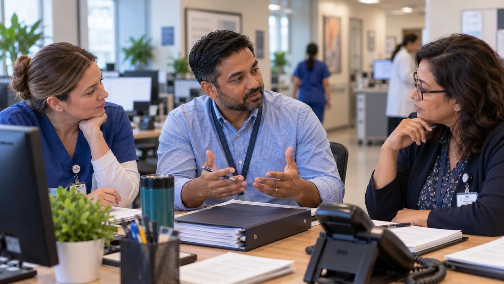 Physician advisor and utilization nurse reviewing documentation together