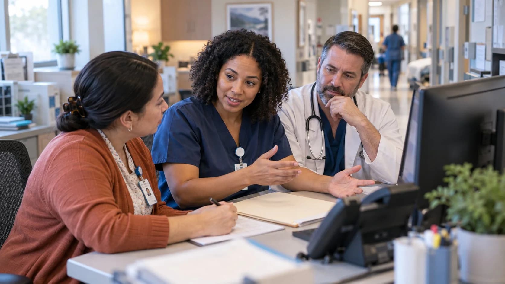 Patient-access coordinator and clinician resolving an authorization issue