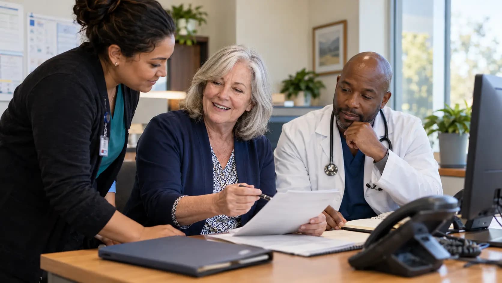 Practice manager and clinician reviewing payer requirements with a specialist
