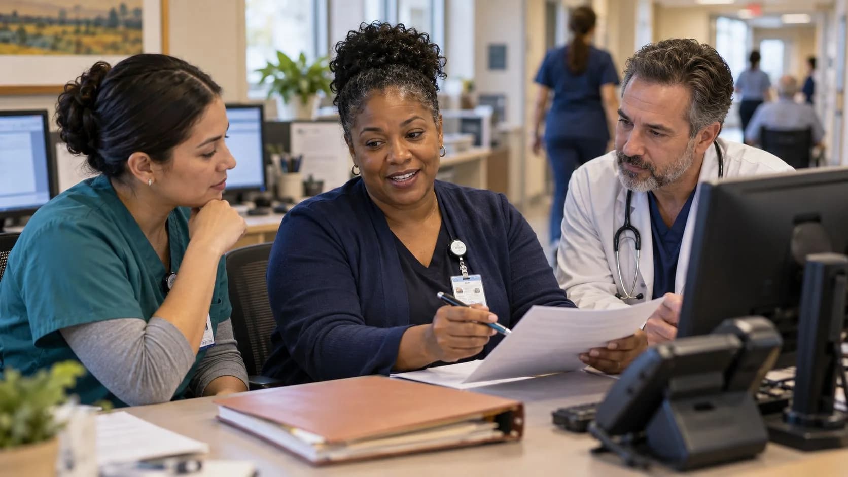 Patient-access coordinator and clinician resolving an authorization issue