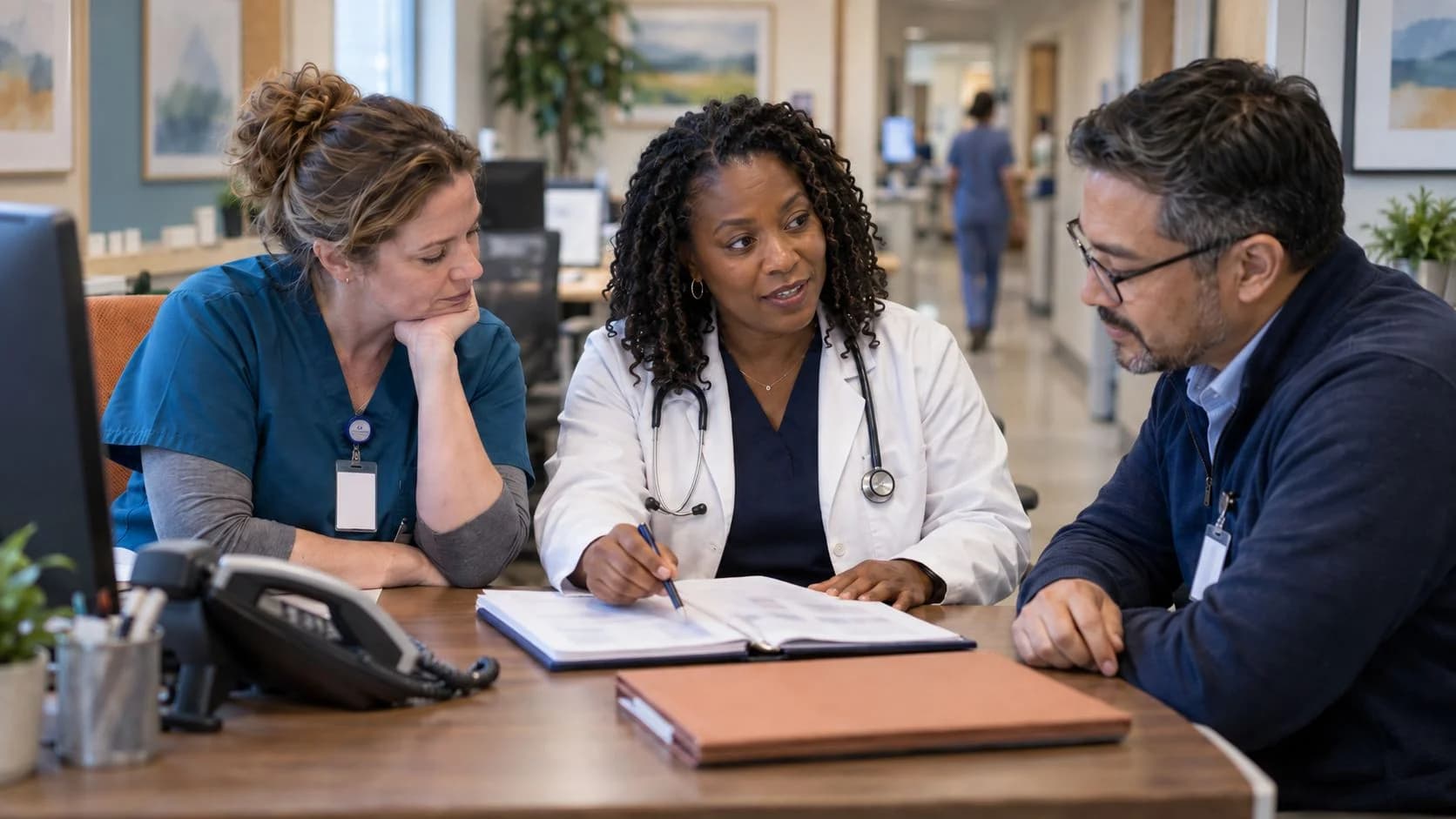 Physician advisor and utilization nurse reviewing documentation together