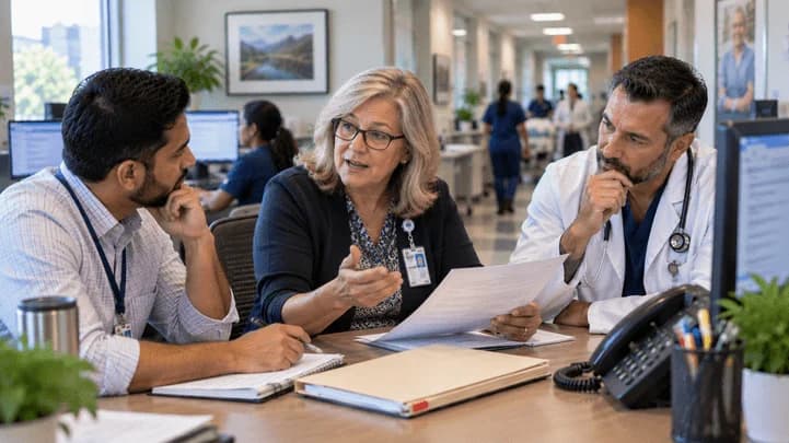 Denial-resolution specialist and clinician reviewing a claim together
