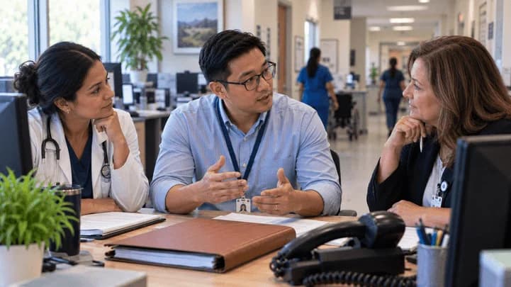 Denial-resolution specialist and clinician reviewing a claim together