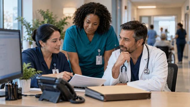 Patient-access coordinator and clinician resolving an authorization issue
