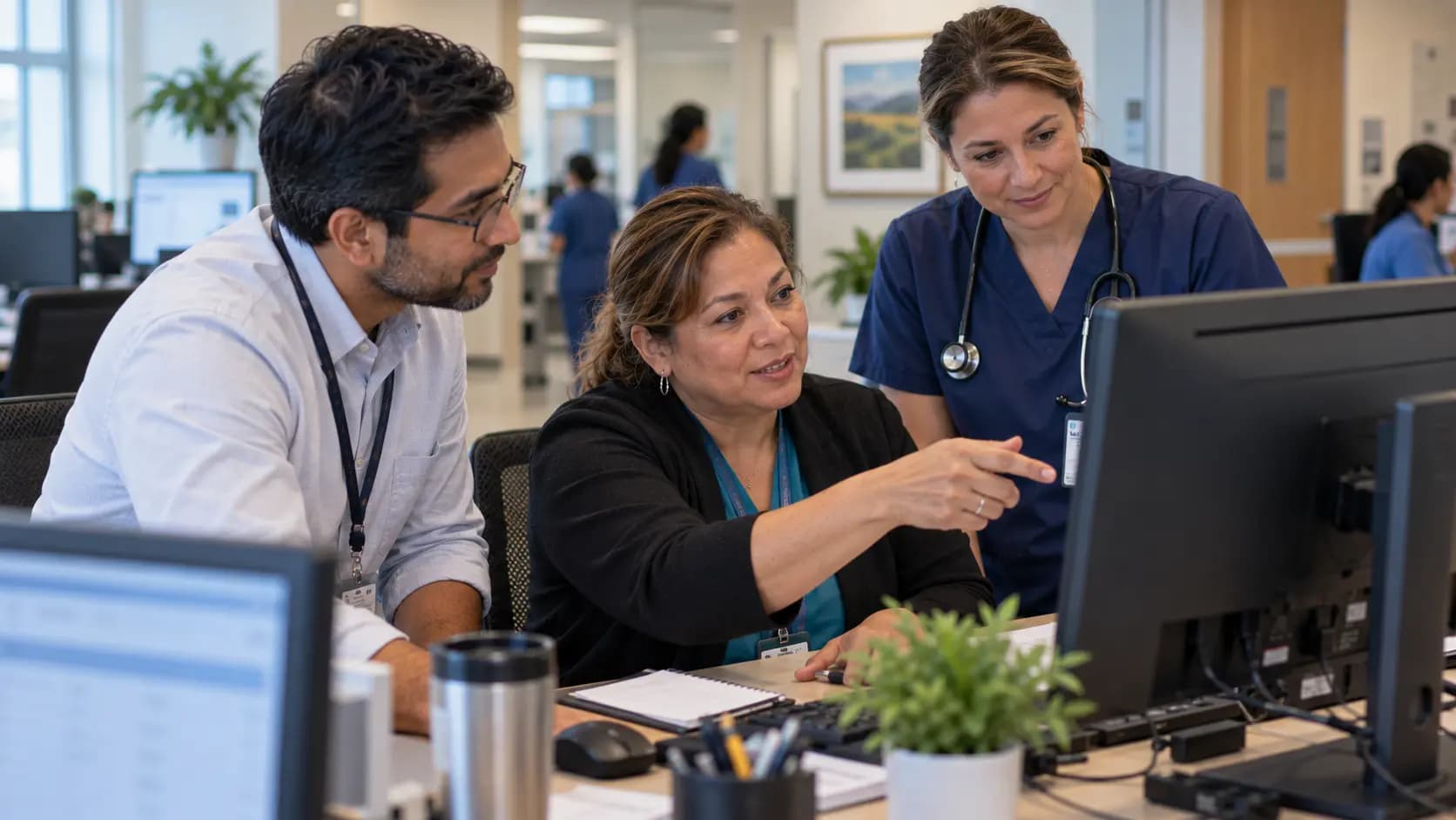 Clinician and informatics specialists collaborating at a normal workstation Clinician and informatics specialists collaborating at a normal workstation