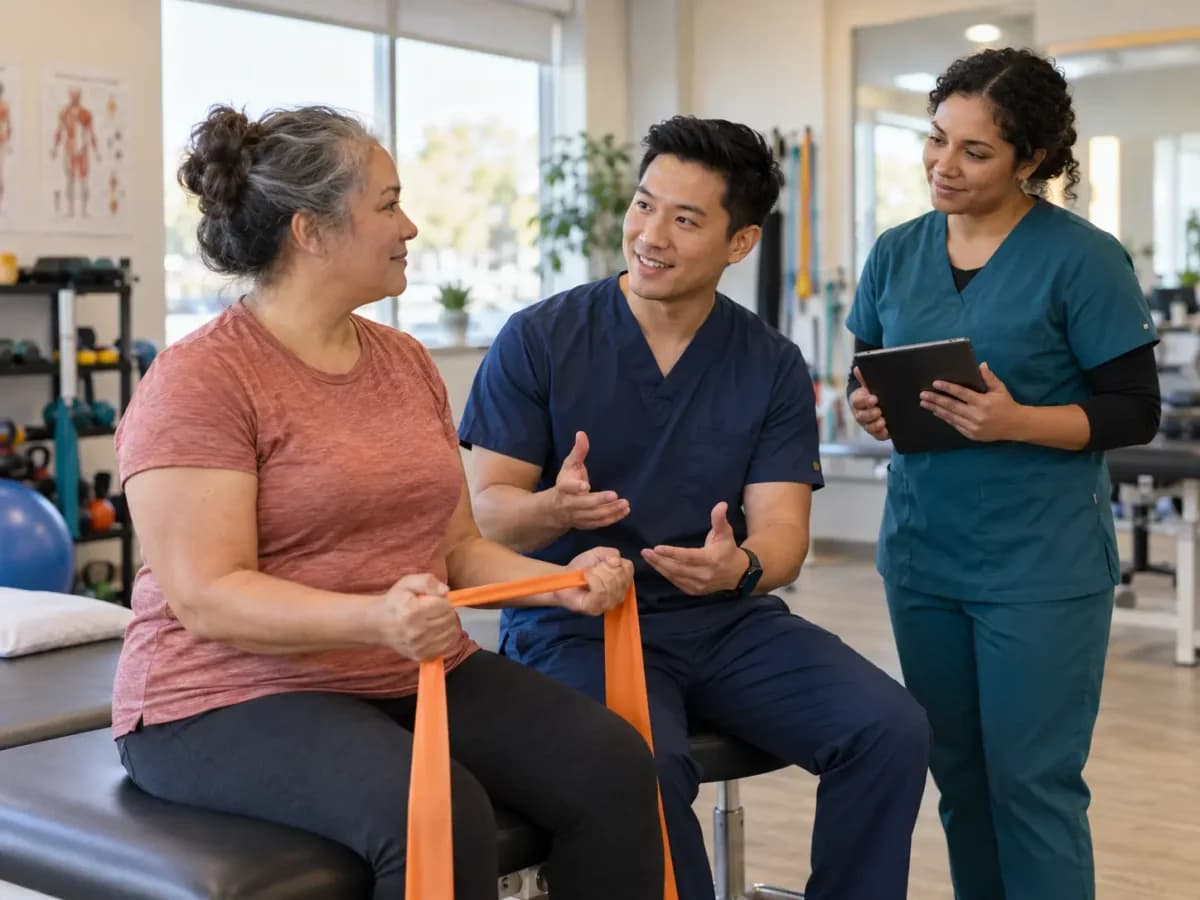 Physical Therapy clinician and patient sharing a warm, attentive moment in a clinic