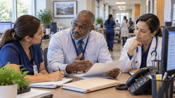 Patient-access coordinator and clinician resolving an authorization issue
