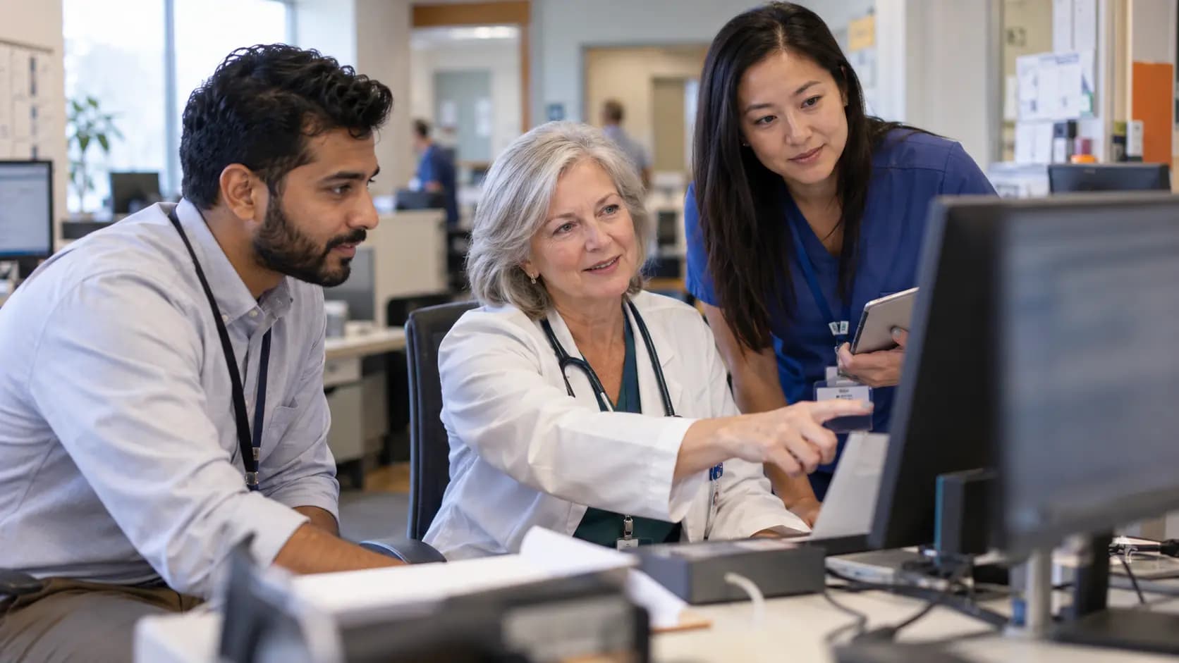 Clinician and informatics specialists collaborating at a normal workstation