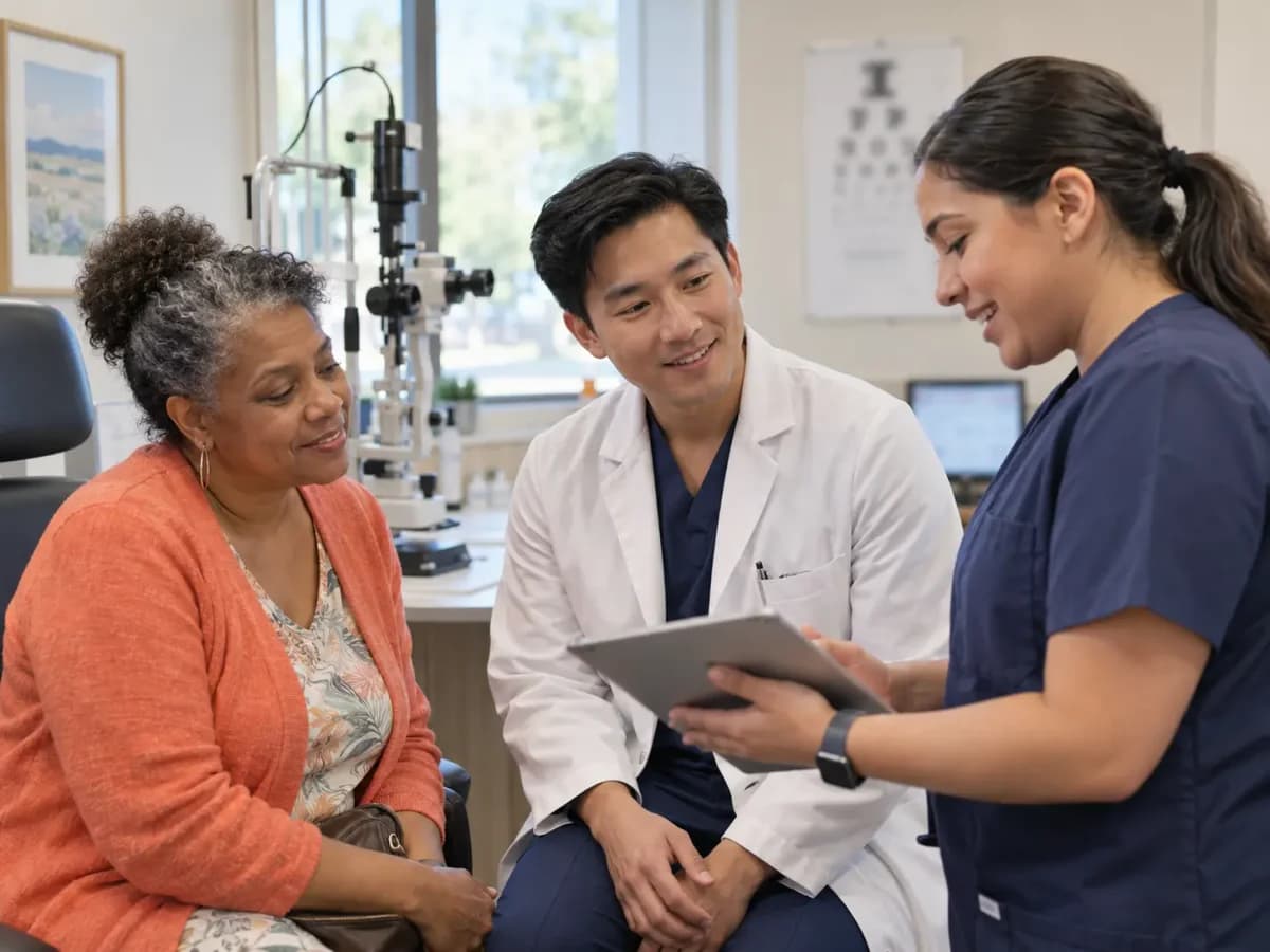 Ophthalmology clinician and patient sharing a warm, attentive moment in a clinic