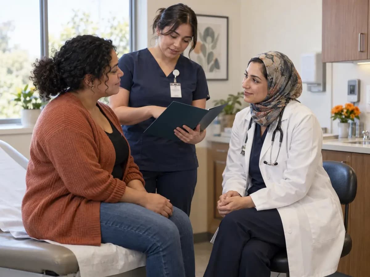 Ob Gyn clinician and patient sharing a warm, attentive moment in a clinic