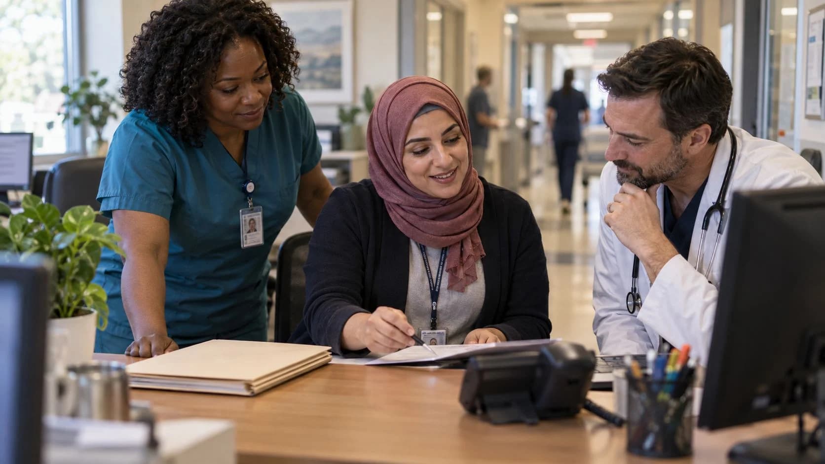 Patient-access coordinator and clinician resolving an authorization issue