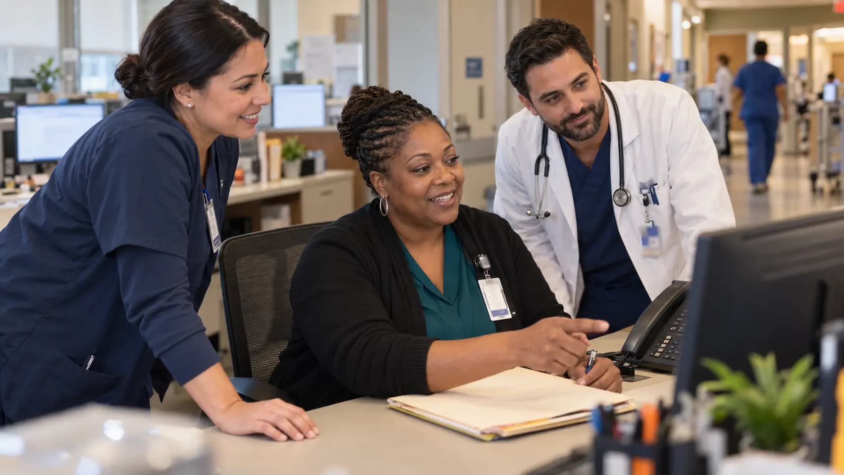 Revenue-cycle specialist and clinician resolving a billing workflow together Revenue-cycle specialist and clinician resolving a billing workflow together