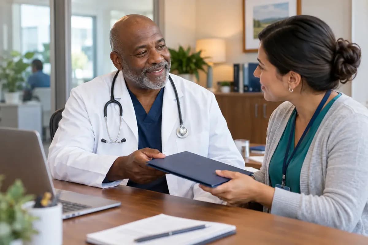 Credentialing coordinator helping a clinician with onboarding