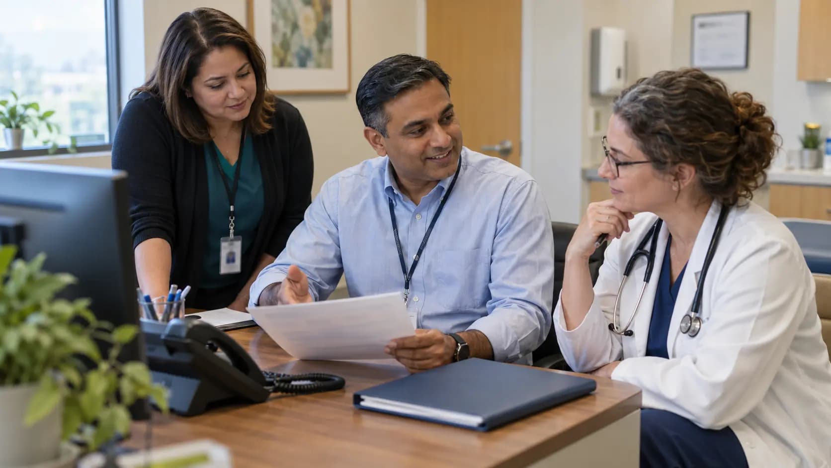 Practice manager and clinician reviewing payer requirements with a specialist