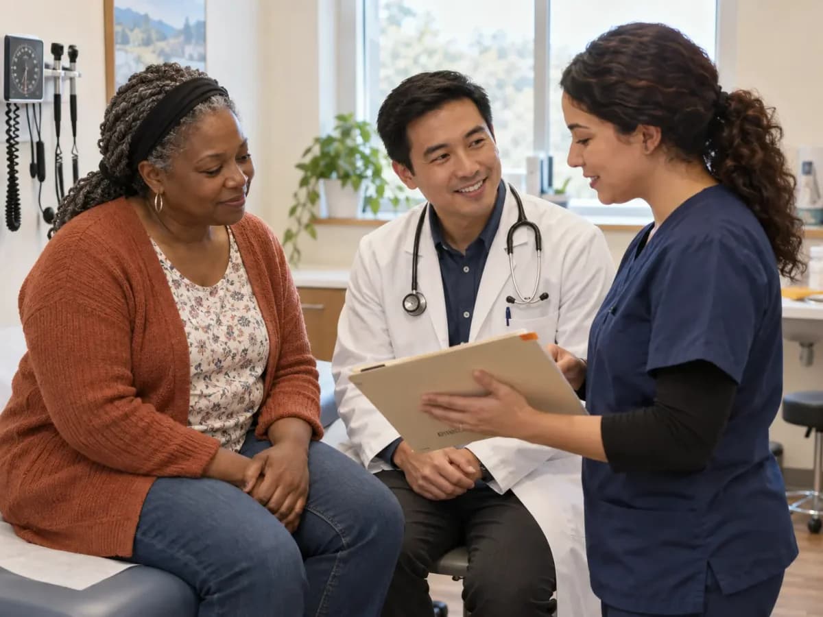 Primary Care clinician and patient sharing a warm, attentive moment in a clinic