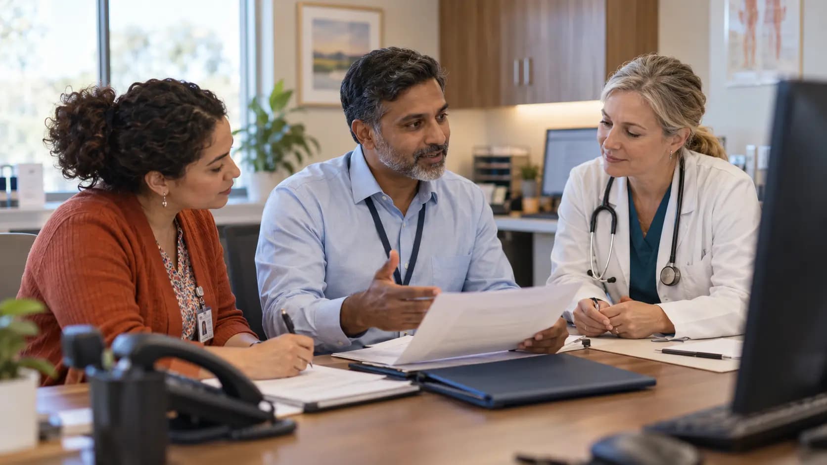 Practice manager and clinician reviewing payer requirements with a specialist