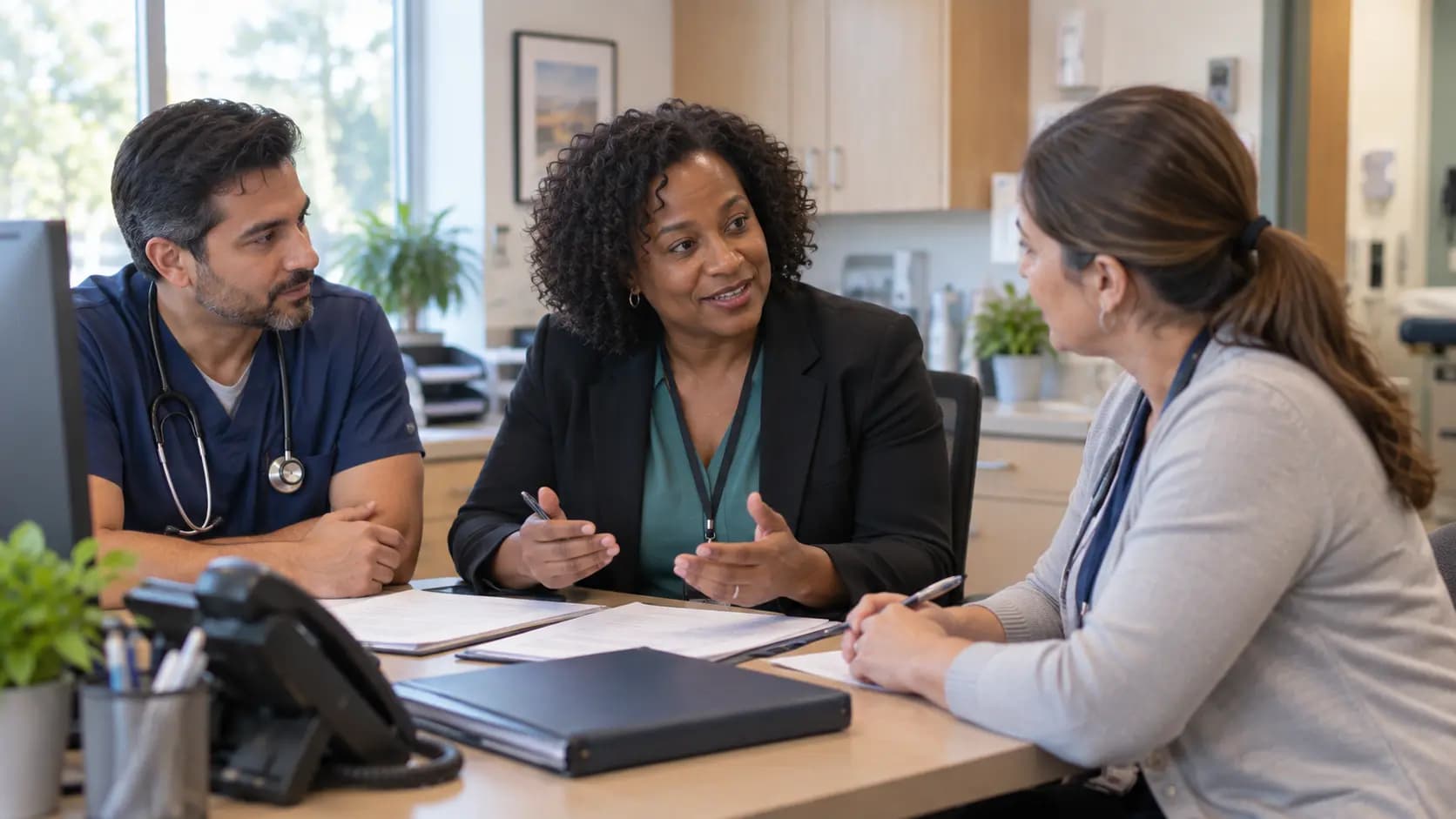 Practice manager and clinician reviewing payer requirements with a specialist
