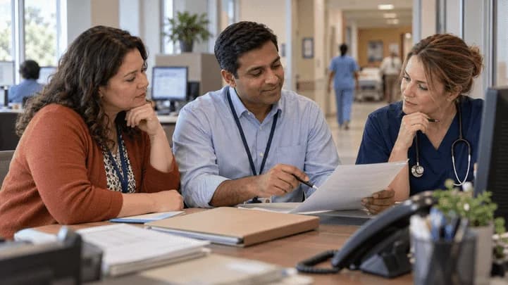 Denial-resolution specialist and clinician reviewing a claim together
