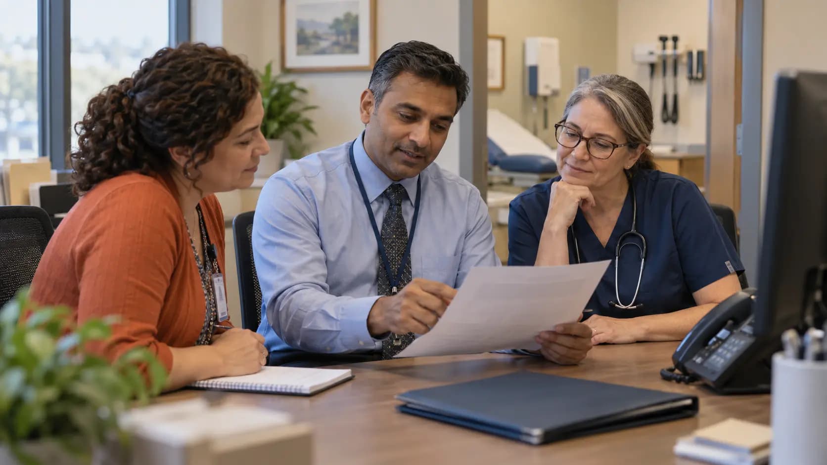 Practice manager and clinician reviewing payer requirements with a specialist