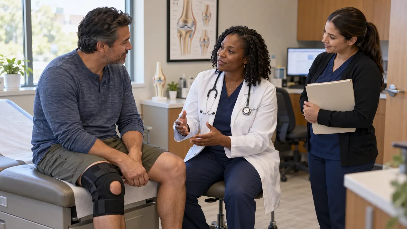 Clinician, patient, and healthcare colleague sharing a warm clinic interaction