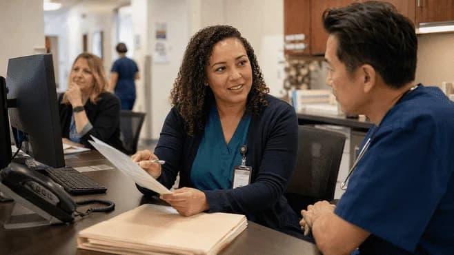 Medical coder and clinician resolving a claim detail together
