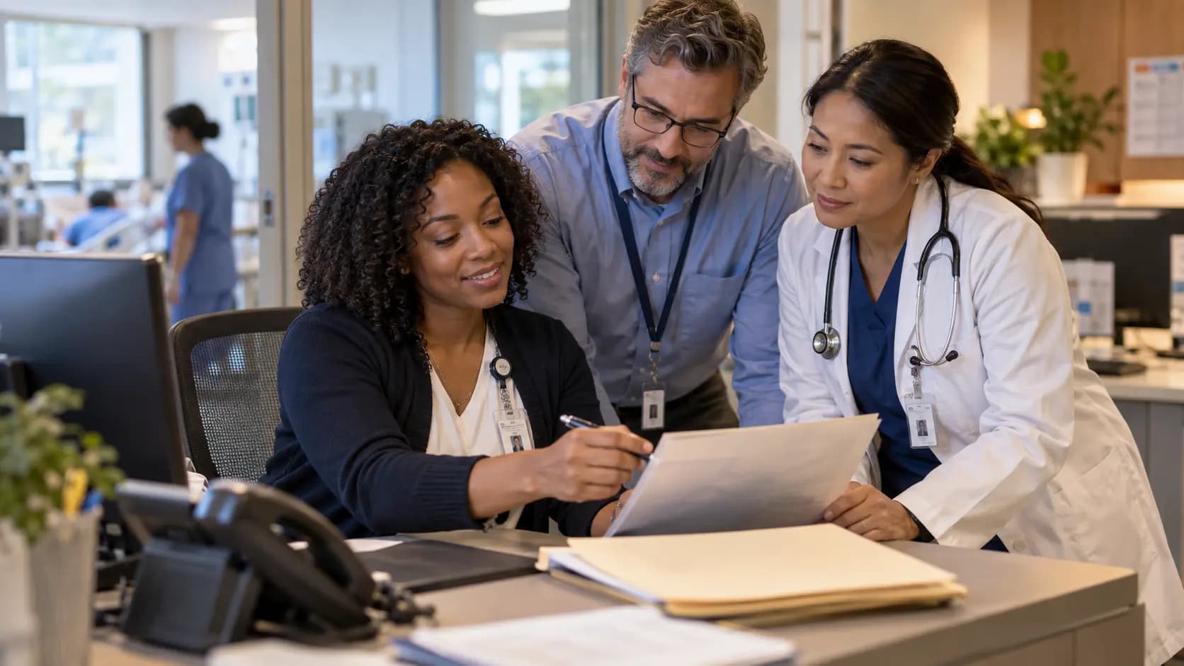 Revenue-cycle specialist and clinician resolving a billing workflow together