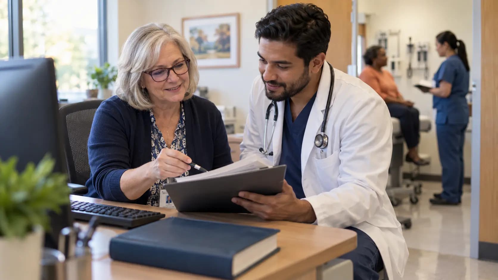 Medical coder and clinician resolving documentation together Medical coder and clinician resolving documentation together