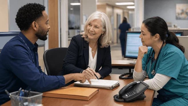 Denial-resolution specialist and clinician reviewing a claim together