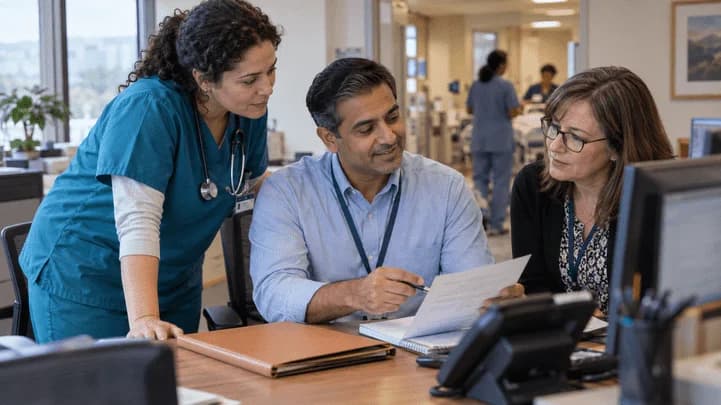 Denial-resolution specialist and clinician reviewing a claim together