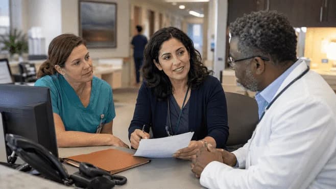 Patient-access coordinator and clinician resolving an authorization issue