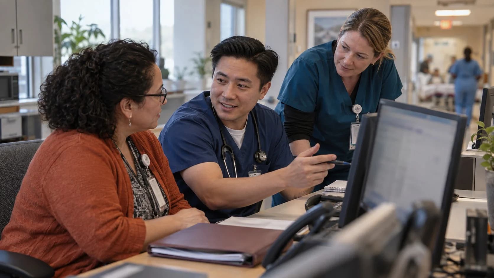 Patient-access coordinator and clinician resolving an authorization issue