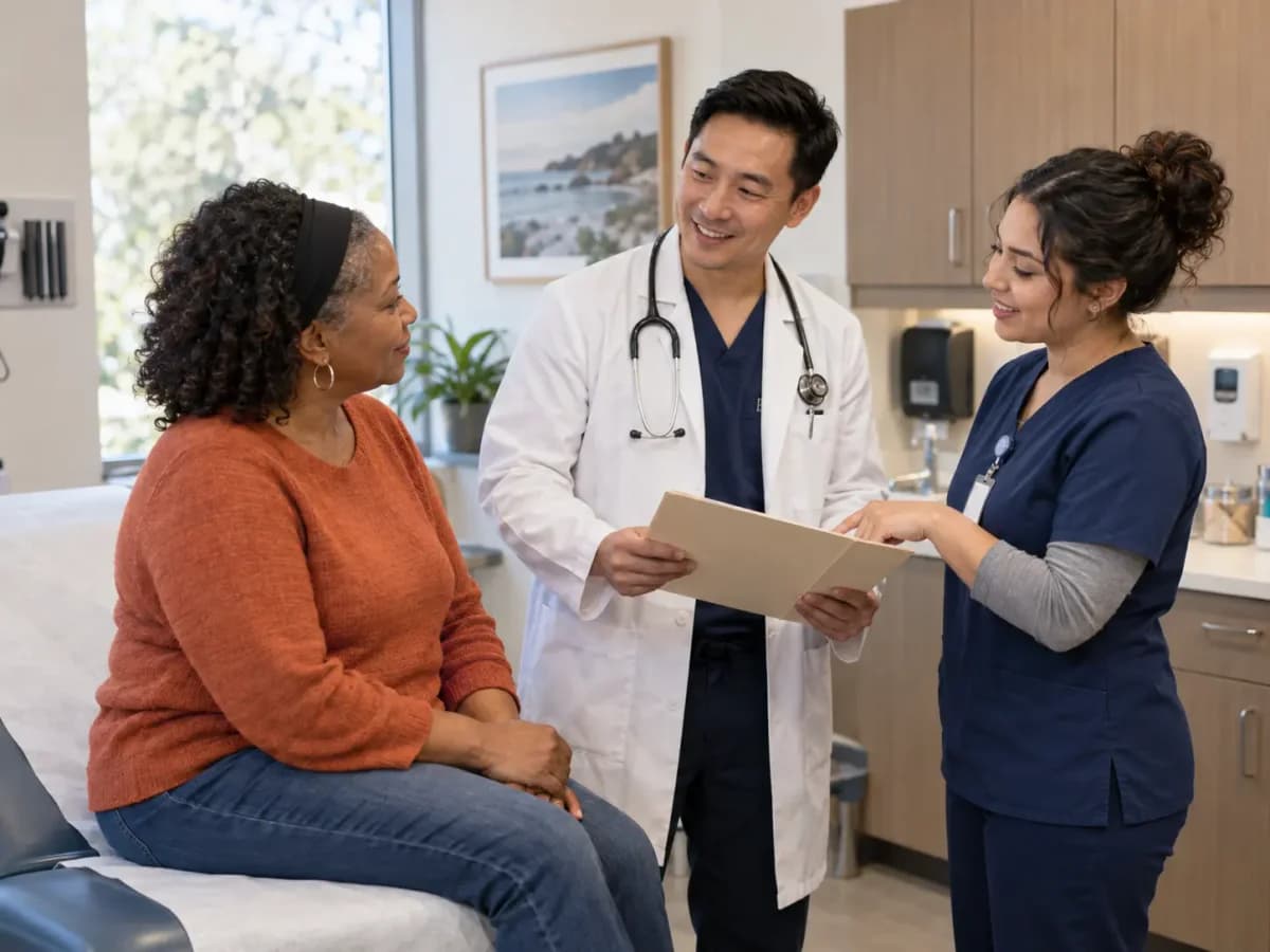 Urgent Care clinician and patient sharing a warm, attentive moment in a clinic