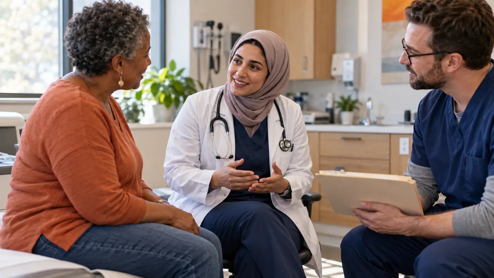 Clinician, patient, and healthcare colleague sharing a warm clinic interaction Clinician, patient, and healthcare colleague sharing a warm clinic interaction