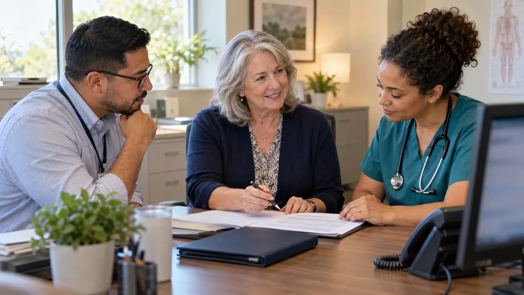 Practice manager and clinician reviewing payer requirements with a specialist