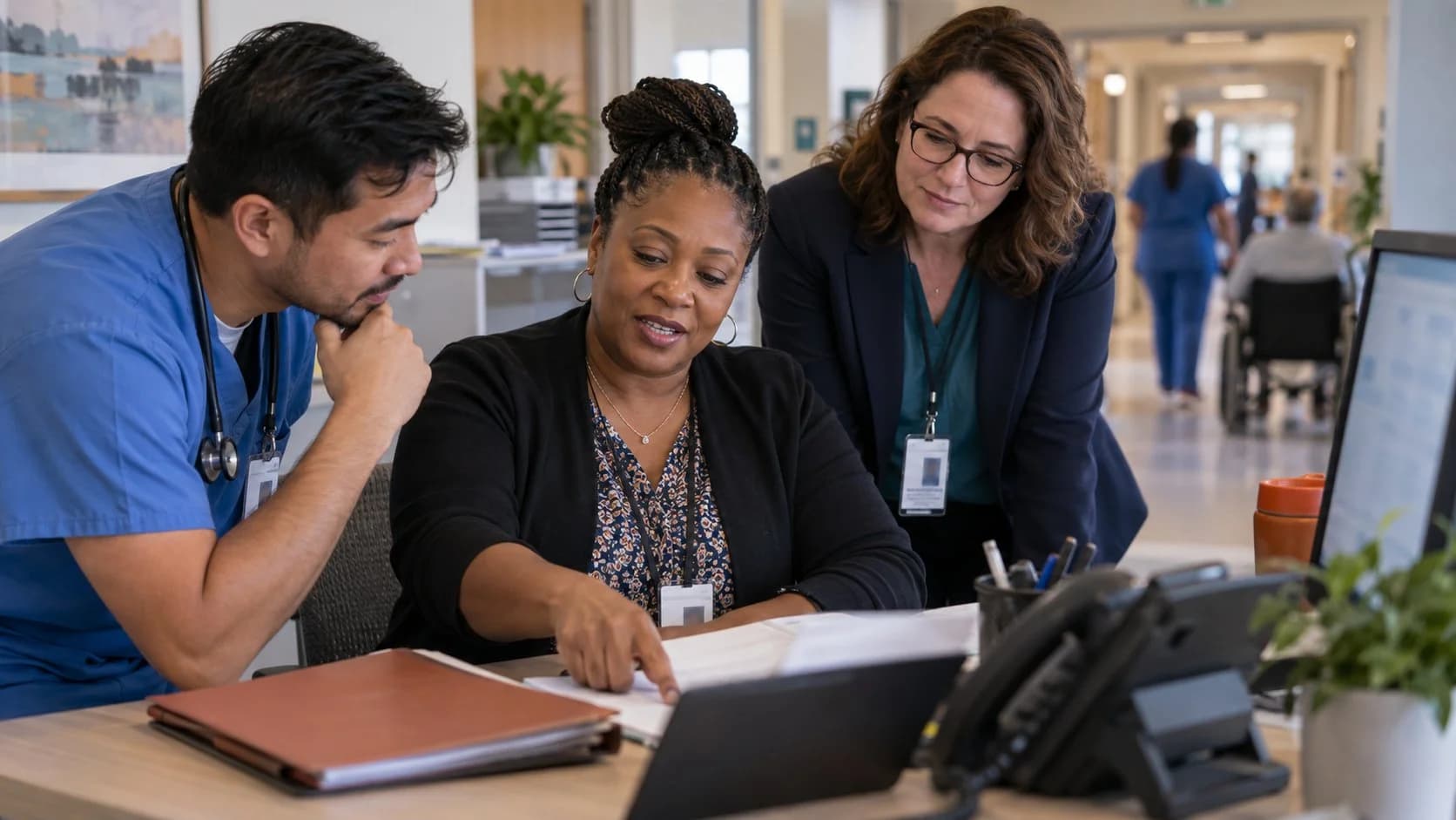 Denial-resolution specialist and clinician reviewing a claim together