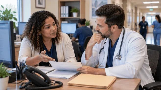 Medical coder and clinician resolving a claim detail together