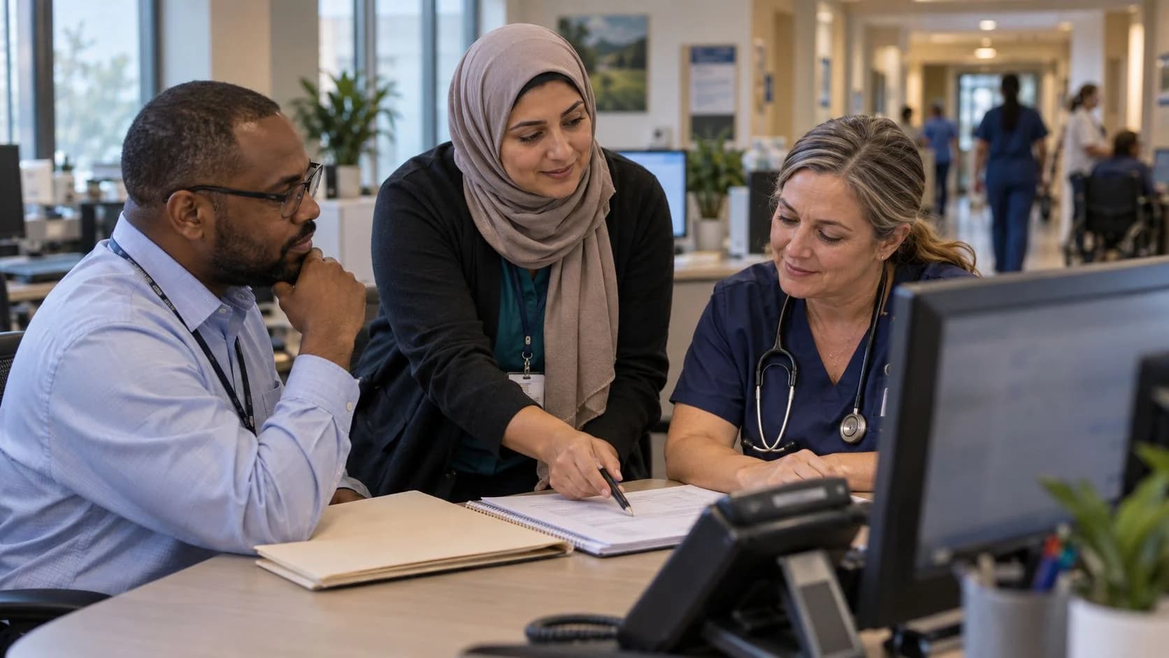 Denial-resolution specialist and clinician reviewing a claim together