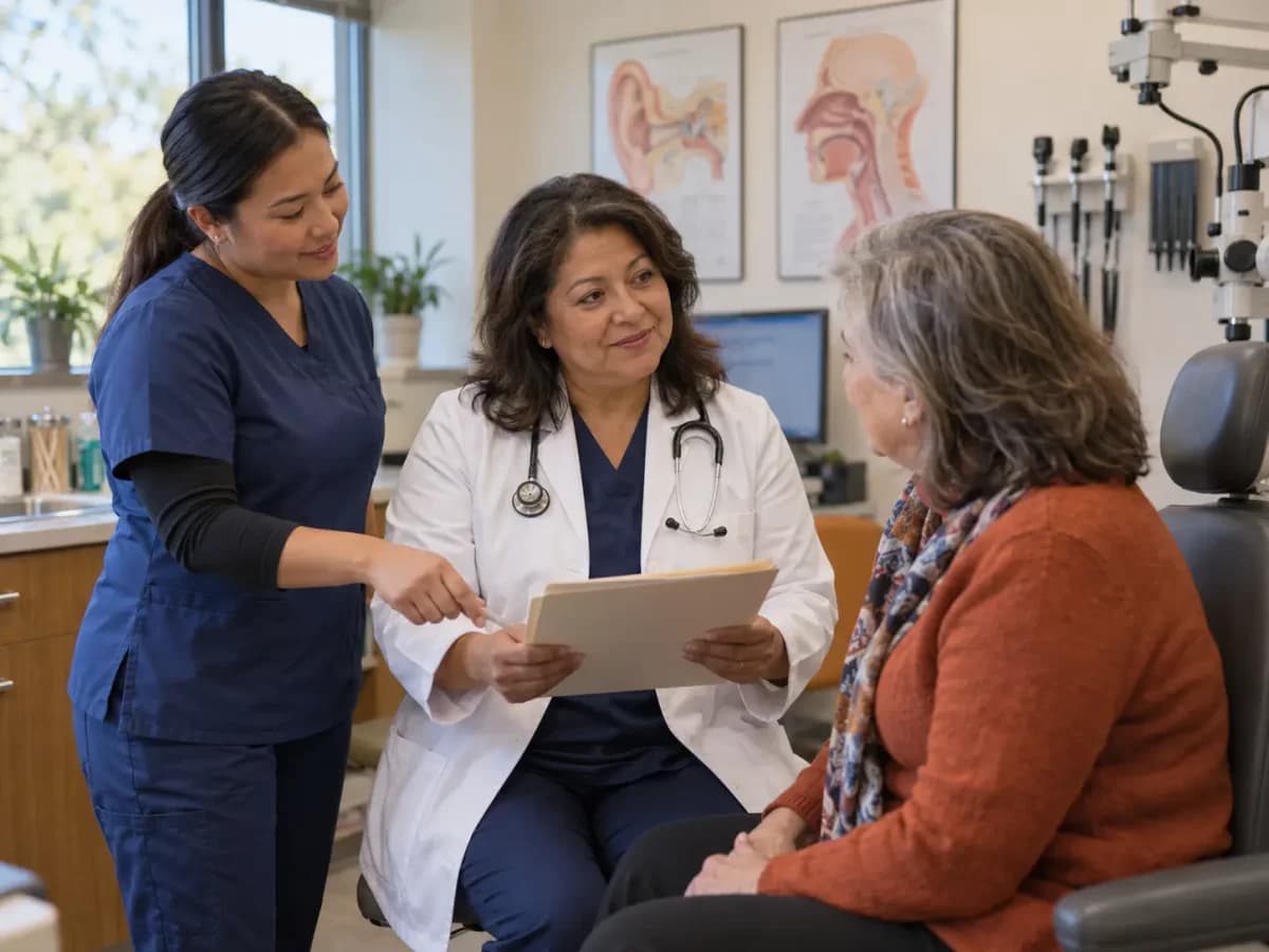 Ent clinician and patient sharing a warm, attentive moment in a clinic