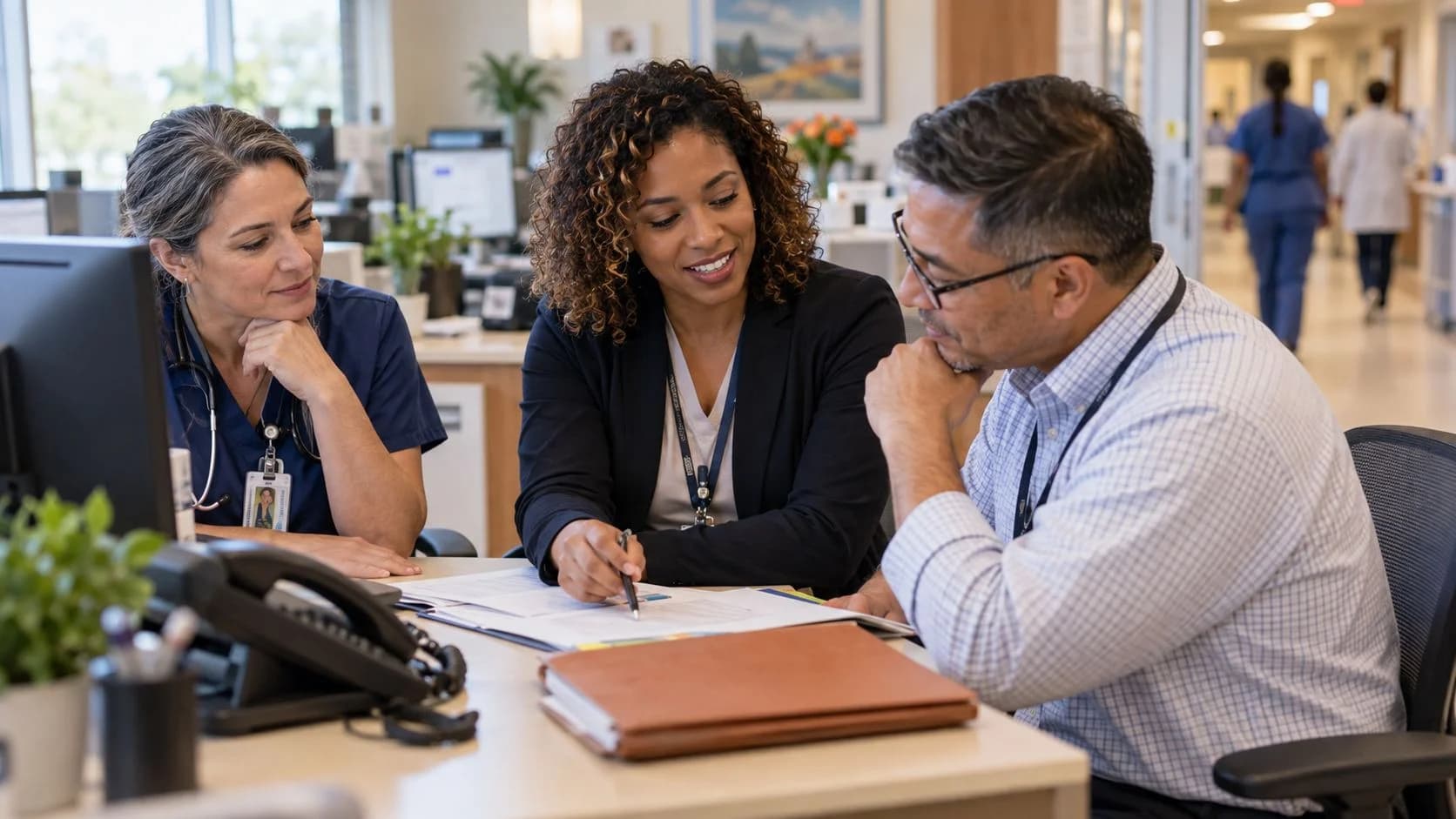 Denial-resolution specialist and clinician reviewing a claim together