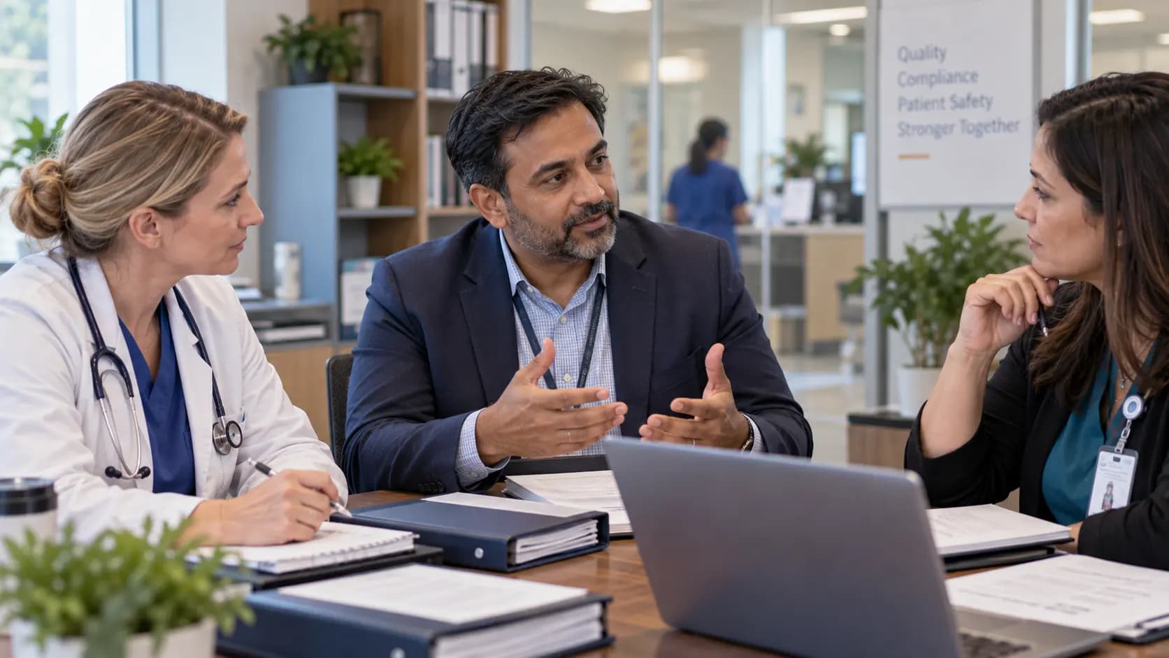 Healthcare compliance officer meeting with a clinician and practice manager Healthcare compliance officer meeting with a clinician and practice manager