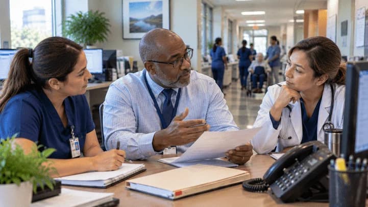 Patient-access coordinator and clinician resolving an authorization issue