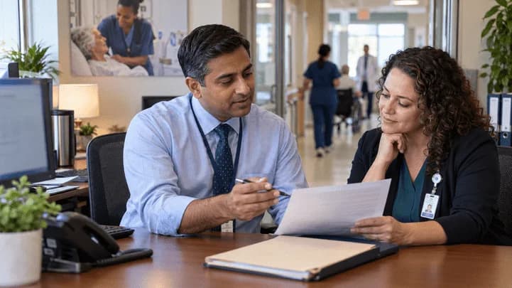 Reimbursement analyst and revenue manager reviewing a payment variance