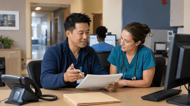 Medical coder and clinician resolving a claim detail together