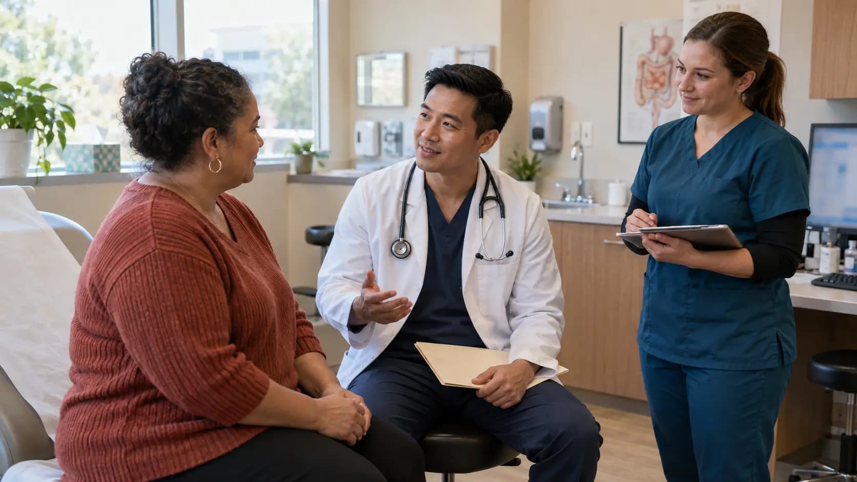 General Surgery clinician and patient sharing a warm, attentive moment in a clinic