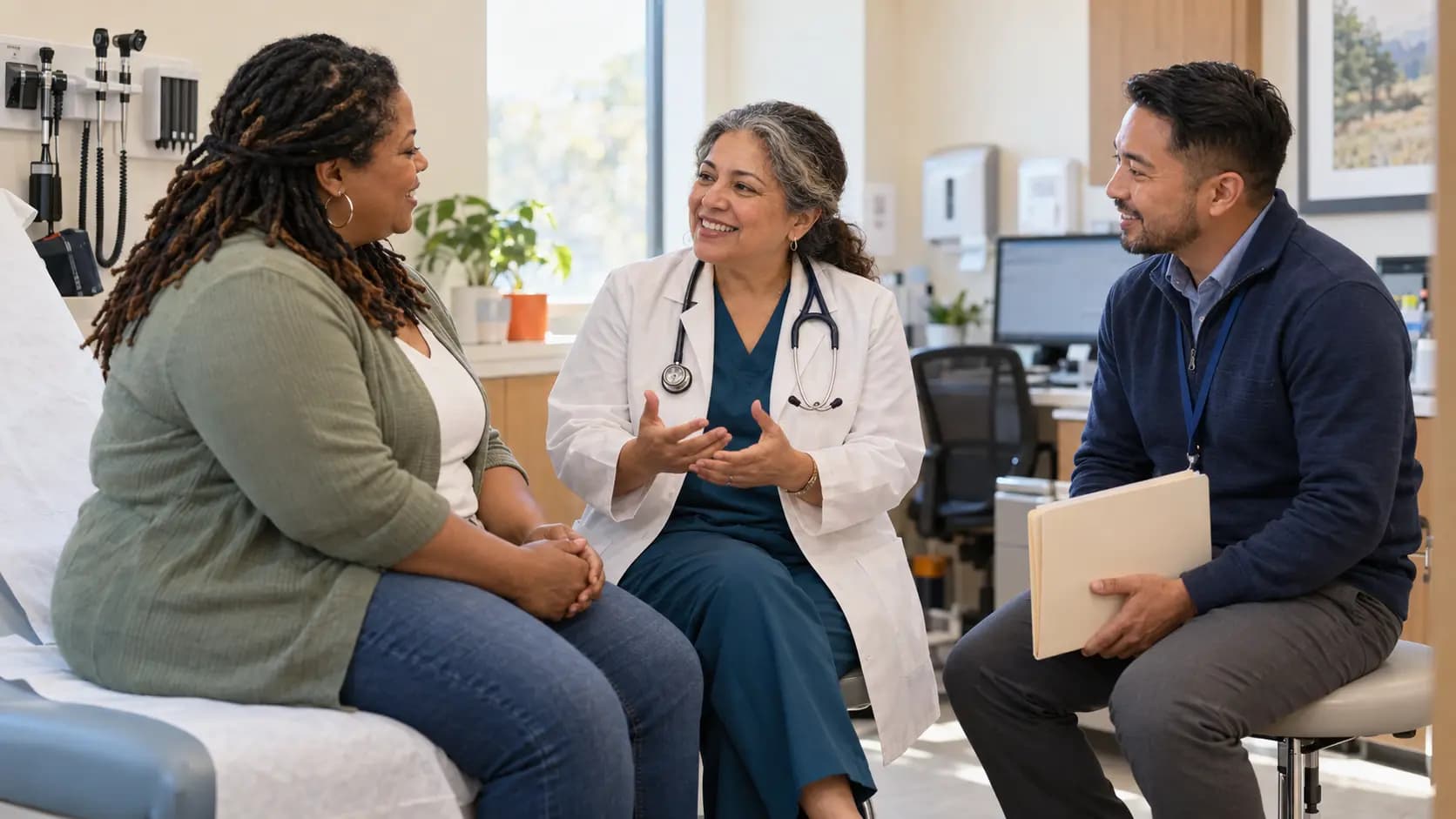 Clinician, patient, and healthcare colleague sharing a warm clinic interaction Clinician, patient, and healthcare colleague sharing a warm clinic interaction