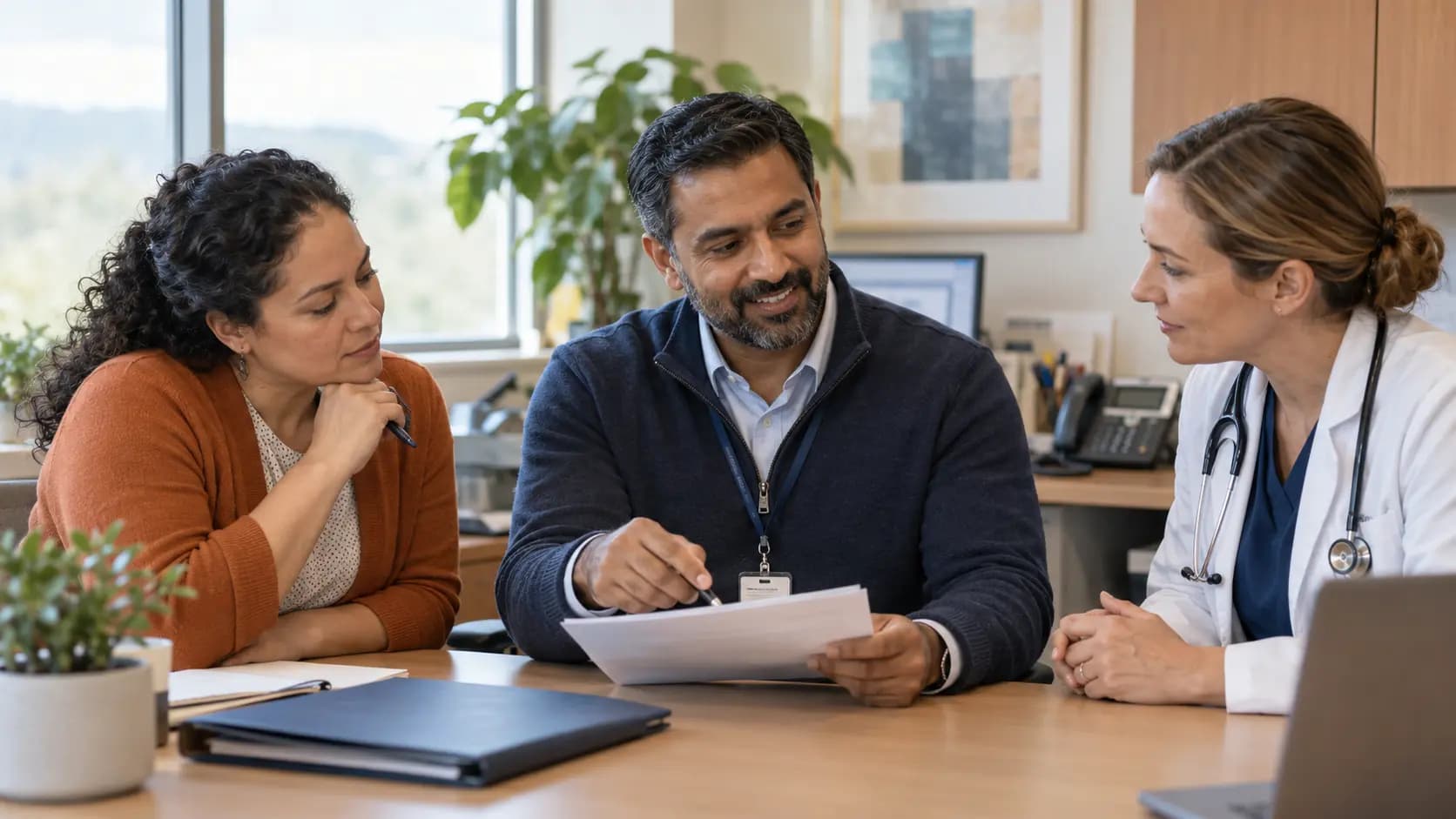 Practice manager and clinician reviewing payer requirements with a specialist